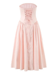 Strapless Lace Up Flare Pleated Midi Dress