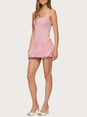 Stripe Halter Smocked Puff Hem Mini Dress