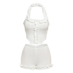 White Ruffle Frill Trim Crop Top And Bloomers Shorts Set