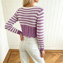 Purple White Striped Cropped Knit Bow Long Sleeve Top