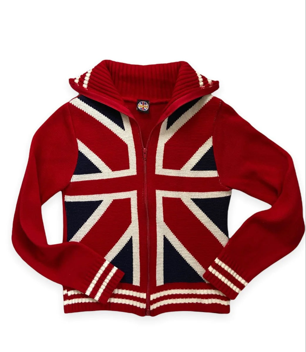 Red hoodie with Union Jack design on a white background