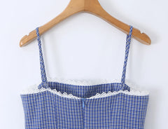 Blue Plaid Short Lace Hem Cake Sling Dress