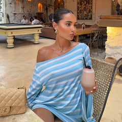 Off Shoulder Long Sleeve Striped Print Backless Hollow Out Mini Dress