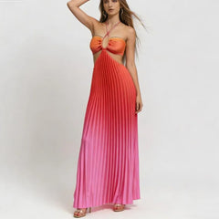 Gradient Pleated Halter Neck Cut Out Maxi Dress