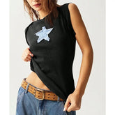 Model displaying a short round neck tank top with star appliques in a patchwork pattern.