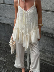 White Lace Printed Strap Long Top