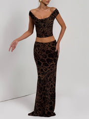 Leopard Print Off Shoulder Crop Top And Maxi Skirt Set