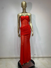 Red Strapless Mesh Ruched Maxi Dress