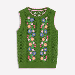 Green Floral Embroidered Sweater Vest