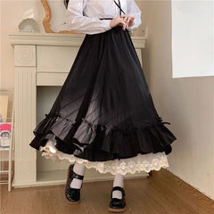 Ruffles Lace Trim Bow Maxi Skirt - Preppy A-Line