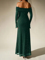 Off-Shoulder Flared Long Sleeve Sequined Maxi Dress