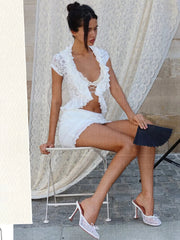 White Lace Ruffle Tie Up Short Sleeve Top