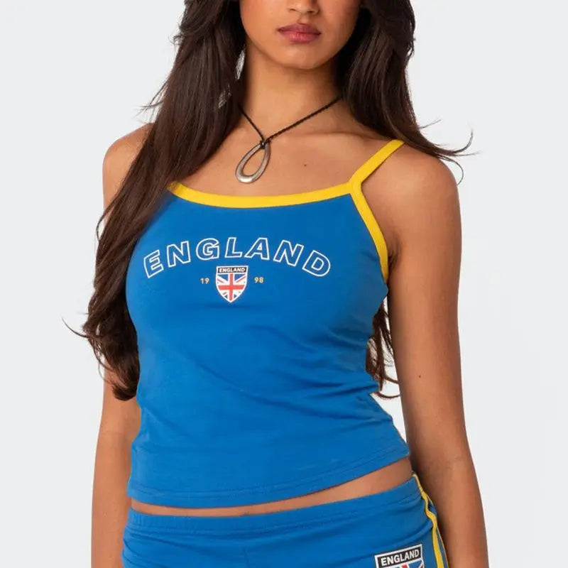 Model displaying a short country flag graphic tank top with England