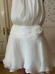 White Chiffon Backless Floral Turtleneck Mini Dress