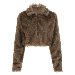 Brown Faux Fur Crop Coat With Patchwork Mini Skirt