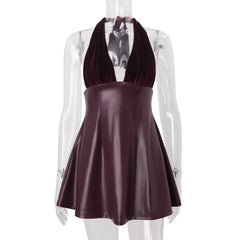 Burgundy V-Neck Halter PU Leather Mini Dress