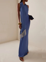 Blue Halter Neck One Shoulder Beaded Tassel Maxi Dress