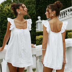 White Frill Trim Square Neck Mini Pleated Dress