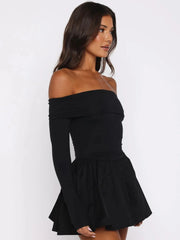 Off-Shoulder Long Sleeve Solid Ruffled Mini Dress