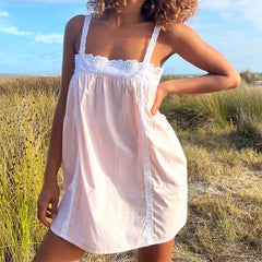 Babydoll Lace Trim Strap Mini Dress