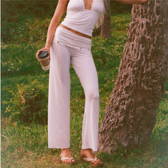Fold Over Waist Metal Stud Flare Pants