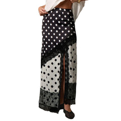 High Waist Satin Dot Print Lace Trim Patchwork Maxi Skirt