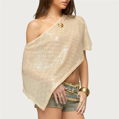 Asymmetric Off Shoulder Sequin Mesh Poncho Top