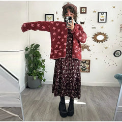 Crew Neck Star Print Knit Cardigan