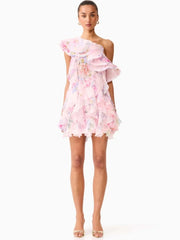 Pink Printed One Shoulder Multi-layered Ruffles Mini Dress