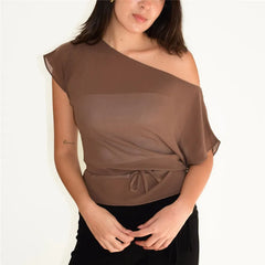 Flowy Chiffon One Shoulder Tie Up Cover Up Top