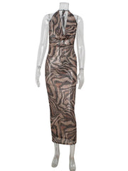 Sequin Halter Cowl Neck Leopard Print Maxi Dress