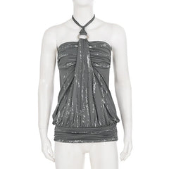 Grey Silver Foil Halter Top With Ring Detail