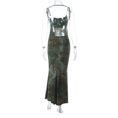 Green Printed Open Back Bodycon Strappy Maxi Dress