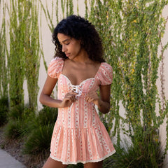 Pink Stripe Print Puff Sleeve Mini Dress