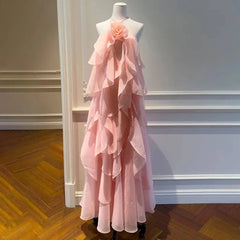 Pink Layered Ruffled 3d Rose Maxi Dress