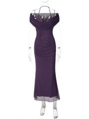 Purple Halter Off-Shoulder Mesh Maxi Dress