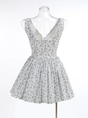 White Deep V-neck Blue Floral Print Mini Dress