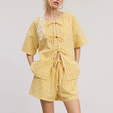 Yellow Short Sleeve O-Neck Tie Front Plaid Top And Shorts Set