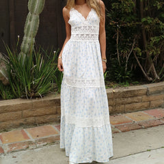 White Printed Lace Patchwork Maxi Dress