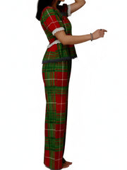 Plaid Short Sleeve Square Neck Top with Elastic Waist Wide Leg Pants Set