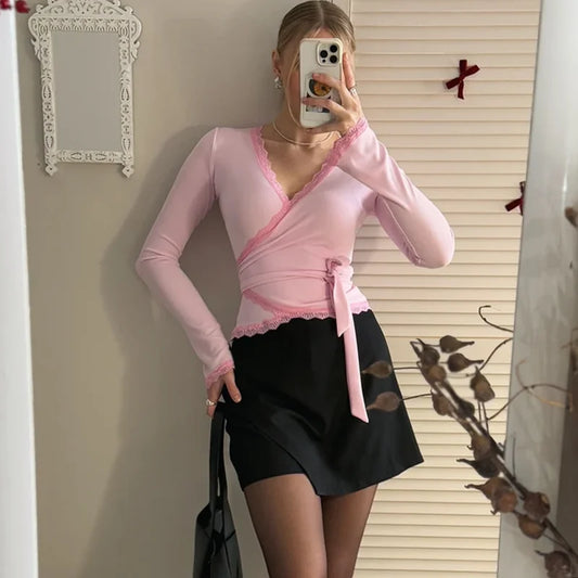Lace Trim Long Sleeve Wrap Around Top