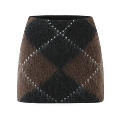 Brown Plaid Turtleneck Sweater And Knit Skirt Set