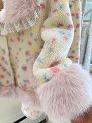 Colorful Polka Dot Fur Trim Short And Pants Loungewear Set
