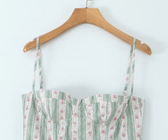 Green Striped Floral Print Corset Style Midi Dress - Sweet Fit & Flare