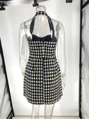 Black Plaid Tweed Halter Dress