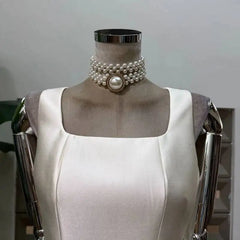 White Satin Square Collar Detachable Lace Bow Frill Hem Mini Dress