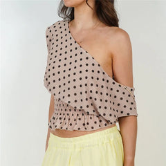 Polka Dot One Shoulder Smocked Waist Top