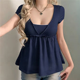 Blue Peplum Short Sleeve V-Neck Babydoll Top
