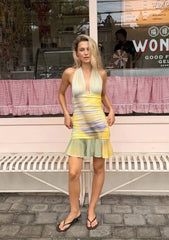 Printed Deep Halter Ruched Pleated Hem Mini Dress