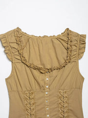 Brown Lace Up Short Sleeve Buttoned Top